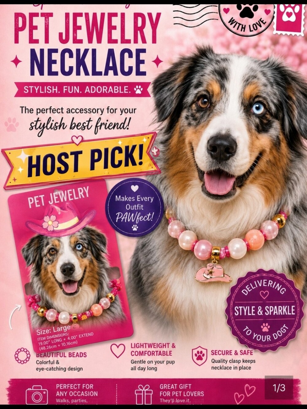 Pet Jewelry HOST PICK -Necklace with  Pink Pearl Beads & Cowboy Hat Charm